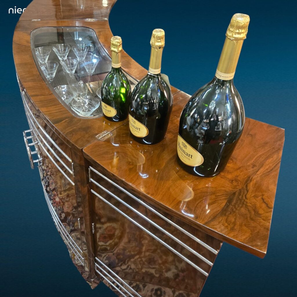 Mobile Bar Deco con vetri scorrevoli e piano superiore in vetro ampliabile