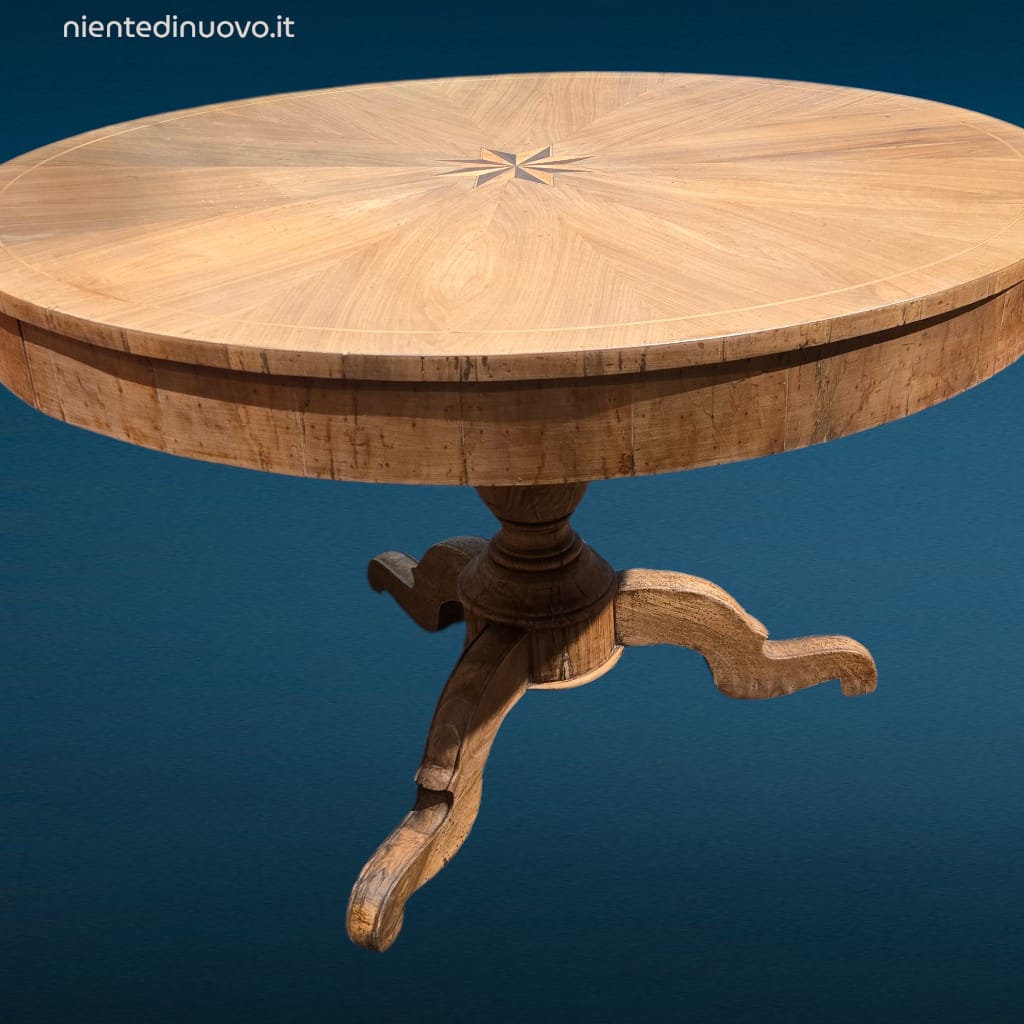 40423.jpg Tavolo rotondo antico in noce con intarsio a stella e cassetti, restaurato