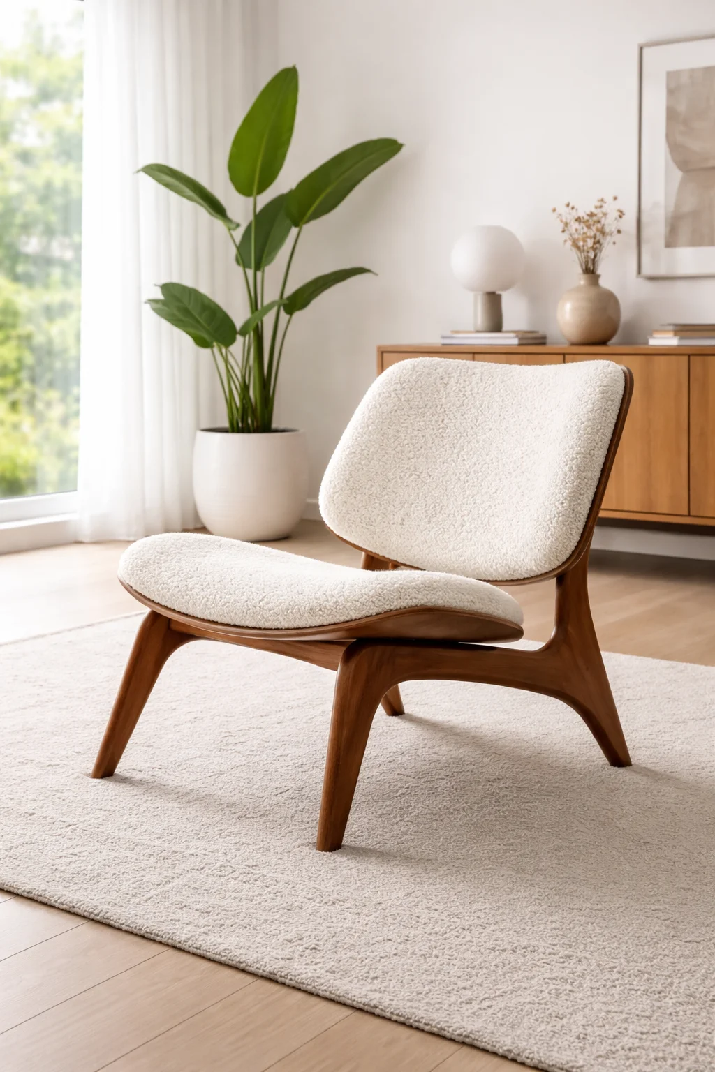 Seduta Mid-Century originale in legno curvato e tessuto bouclé ambientata in interno moderno