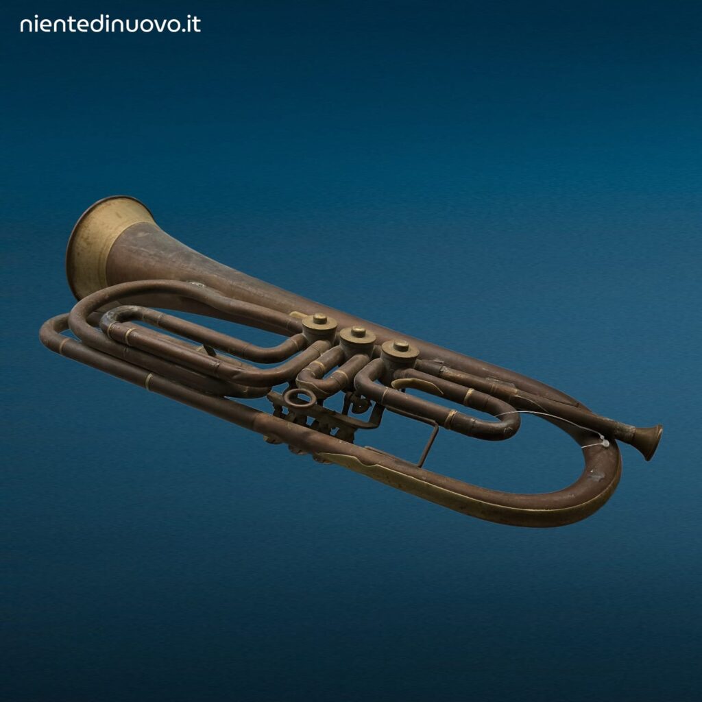 Vecchia tromba in ottone da decorazione con segni del tempo