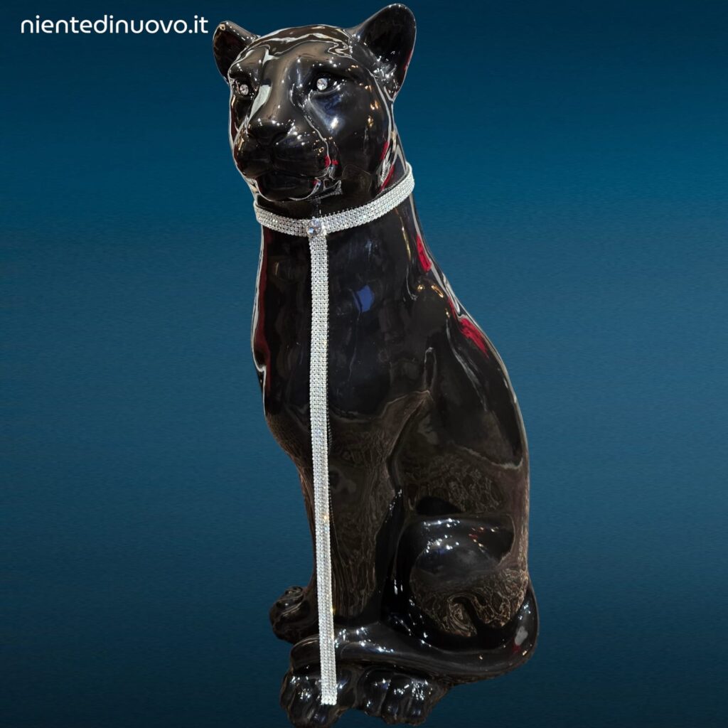 Pantera nera in ceramica di Bassano con strass e occhi brillanti