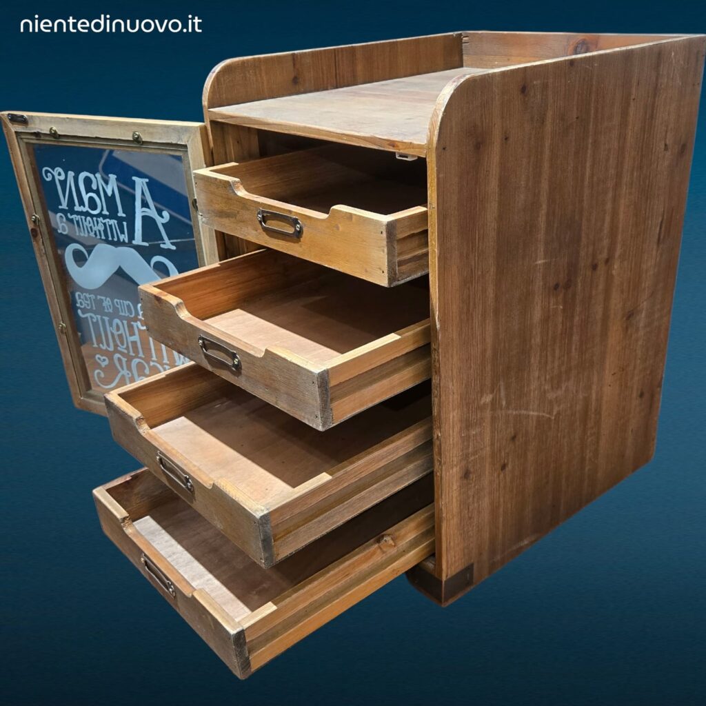 Mobiletto organizer in legno con anta in vetro e quattro cassetti estraibili