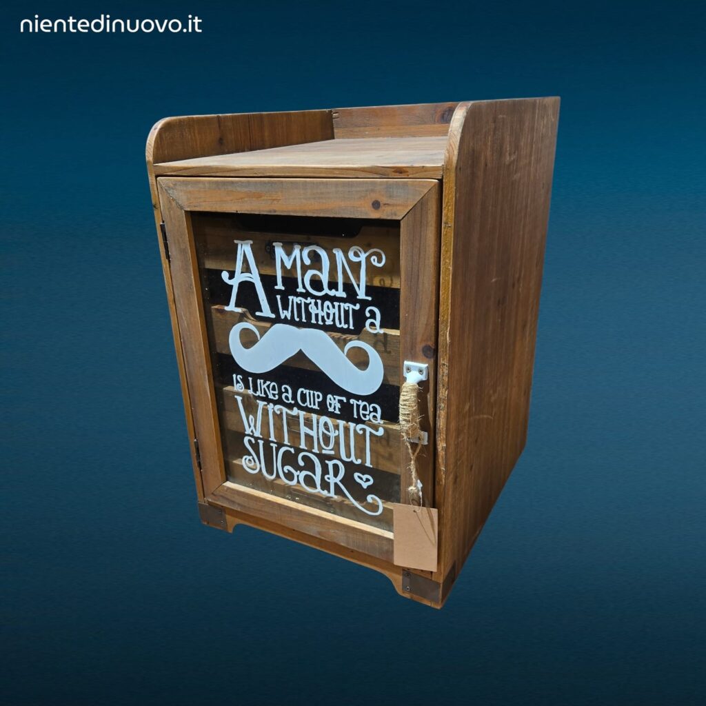 Mobiletto organizer in legno con anta in vetro e quattro cassetti estraibili