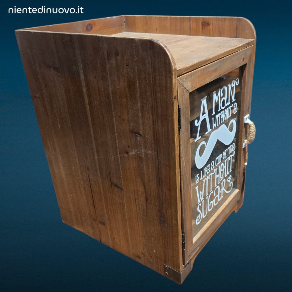 Mobiletto organizer in legno con anta in vetro e quattro cassetti estraibili