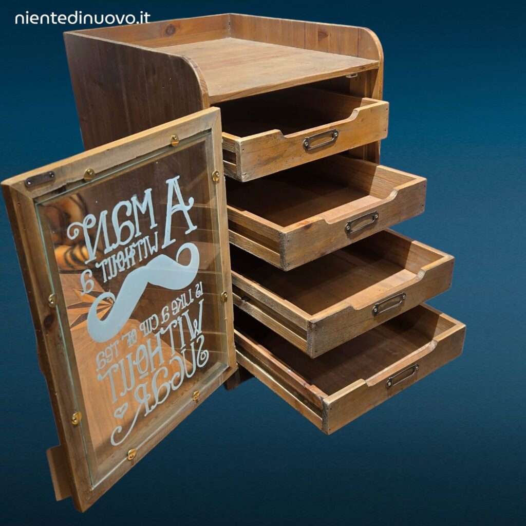Mobiletto organizer in legno con anta in vetro e quattro cassetti estraibili