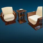 Poltrona in stile Decò con braccioli in legno radicato lucido e rivestimento panna