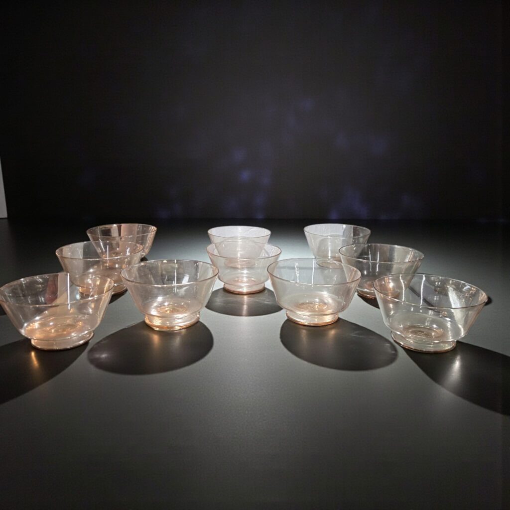 Servizio di bicchieri in vetro soffiato veneziano anni ’20 con brocche e bottiglie, attribuito alla maestria dei vetrai veneziani