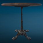 Tavolino da bar con base in ghisa lavorata e piano rotondo in legno massello tinto noce