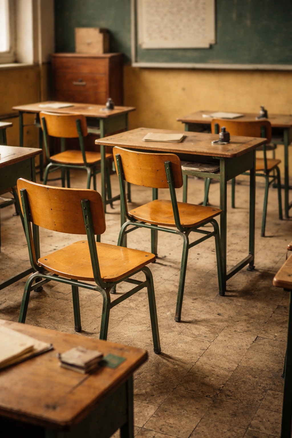 Sedia scolastica vintage in legno e metallo