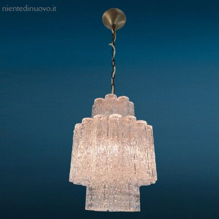 Lampadario anni Sessanta con cannule in vetro e struttura metallica vintage