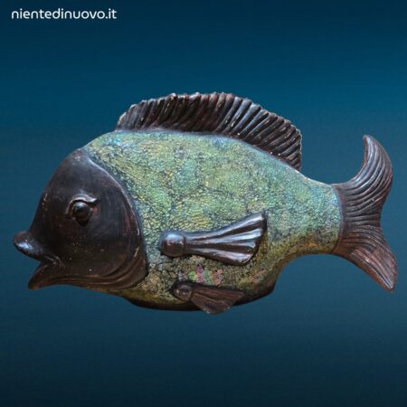 Scultura a forma di pesce in ceramica con rivestimento in vetro craquelé