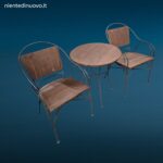 Set tavolino tondo con due poltroncine in ferro battuto e schienali in legno