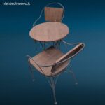 Set tavolino tondo con due poltroncine in ferro battuto e schienali in legno