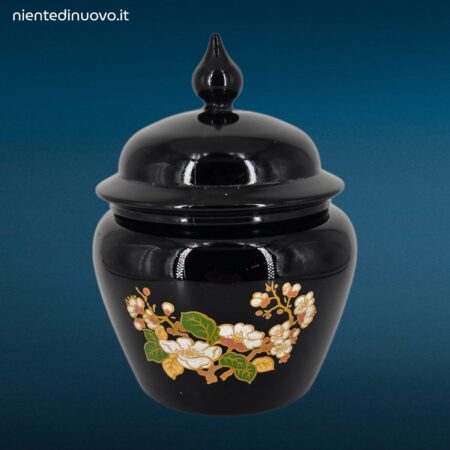 Vaso in vetro nero Avon con coperchio originale e motivo floreale