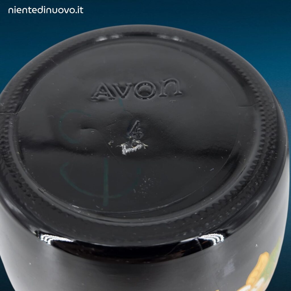 Vaso in vetro nero Avon con coperchio originale e motivo floreale