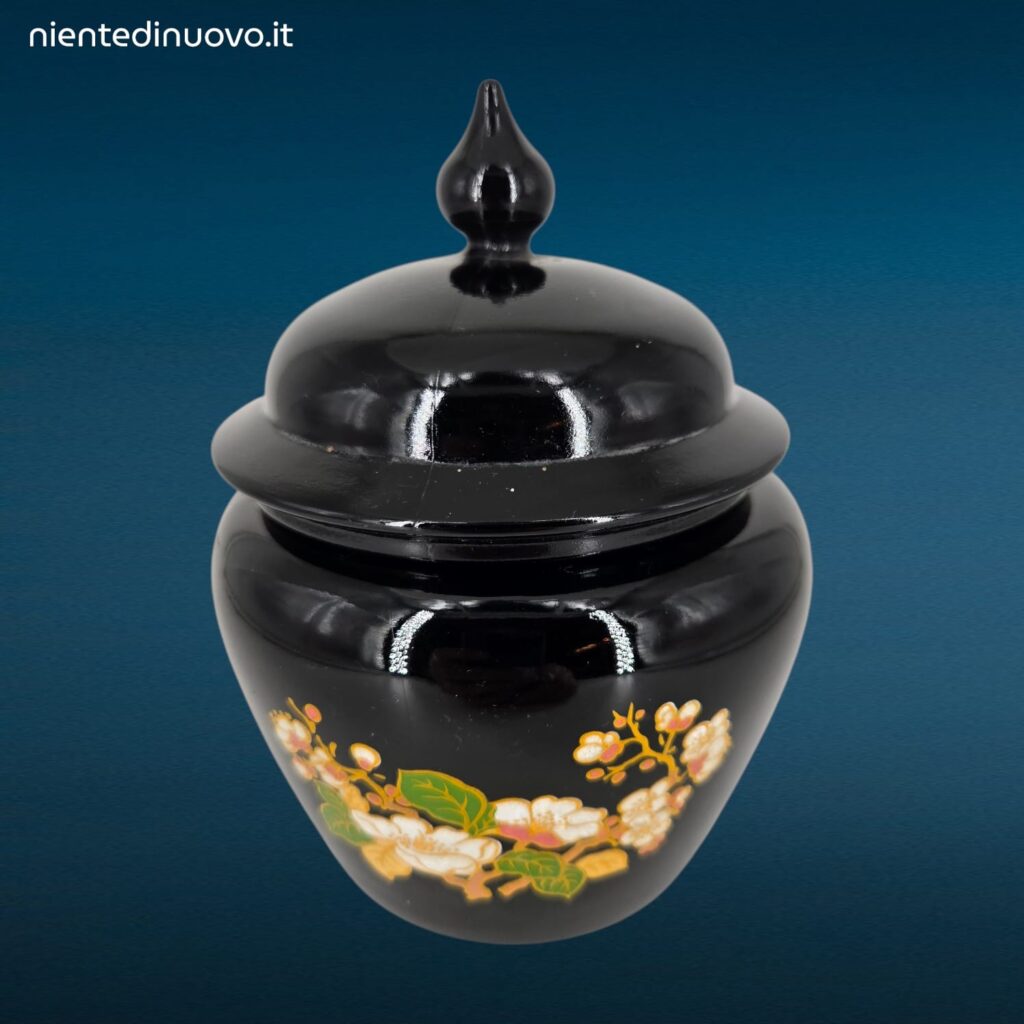Vaso in vetro nero Avon con coperchio originale e motivo floreale