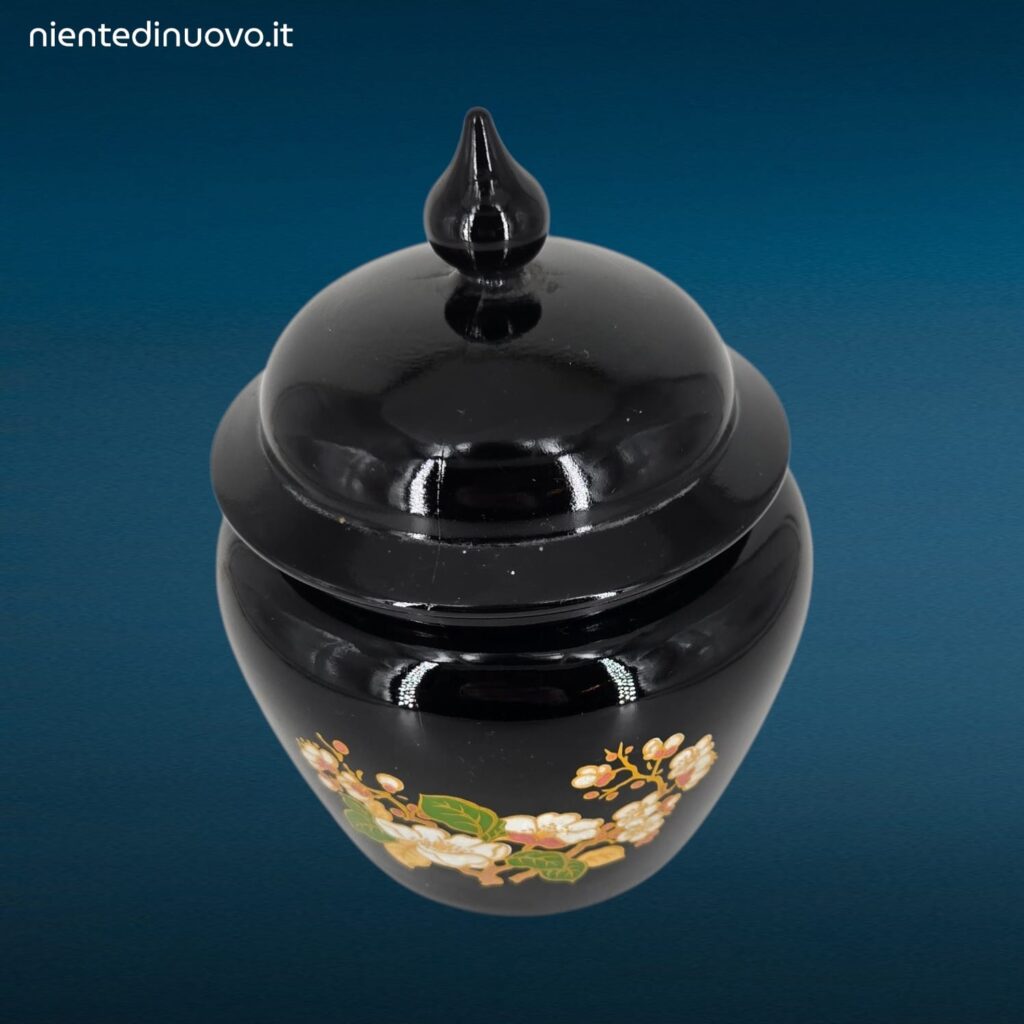 Vaso in vetro nero Avon con coperchio originale e motivo floreale