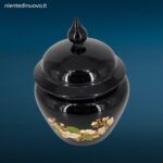 Vaso in vetro nero Avon con coperchio originale e motivo floreale