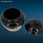 Vaso in vetro nero Avon con coperchio originale e motivo floreale