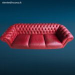 Divano Chesterfield inglese a tre posti in pelle rossa trapuntata usato