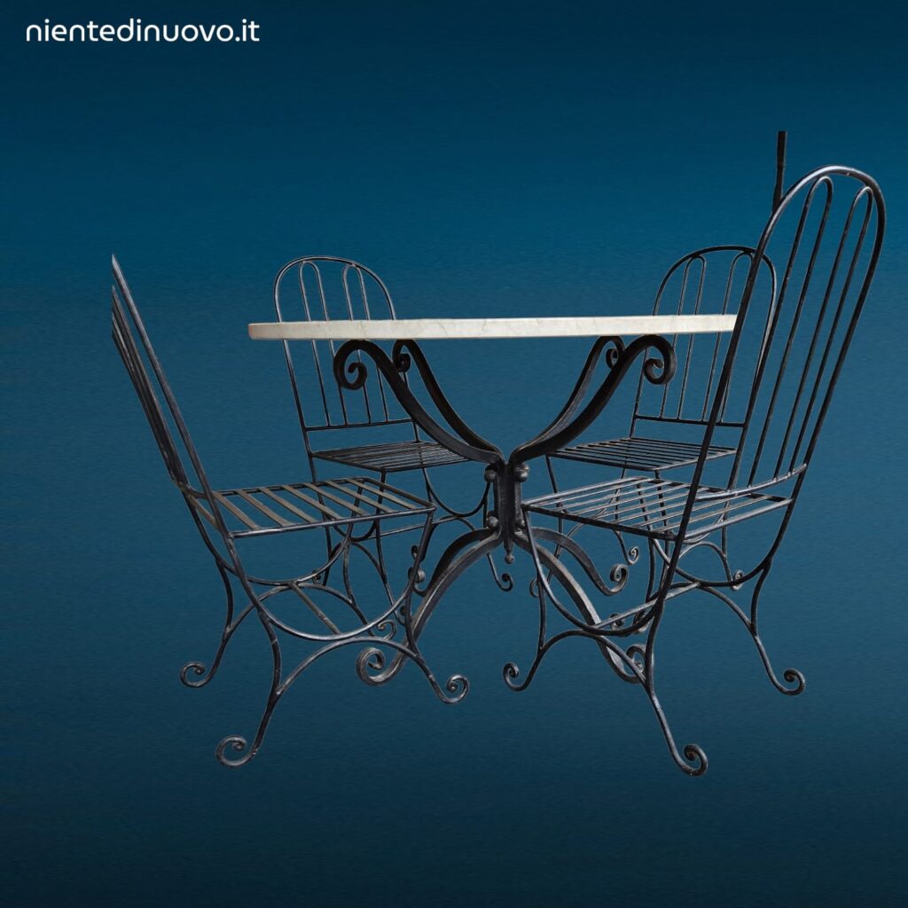 Set da giardino in ferro battuto pieno con tavolo rotondo piano in marmo diametro 110 cm e quattro sedie abbinate