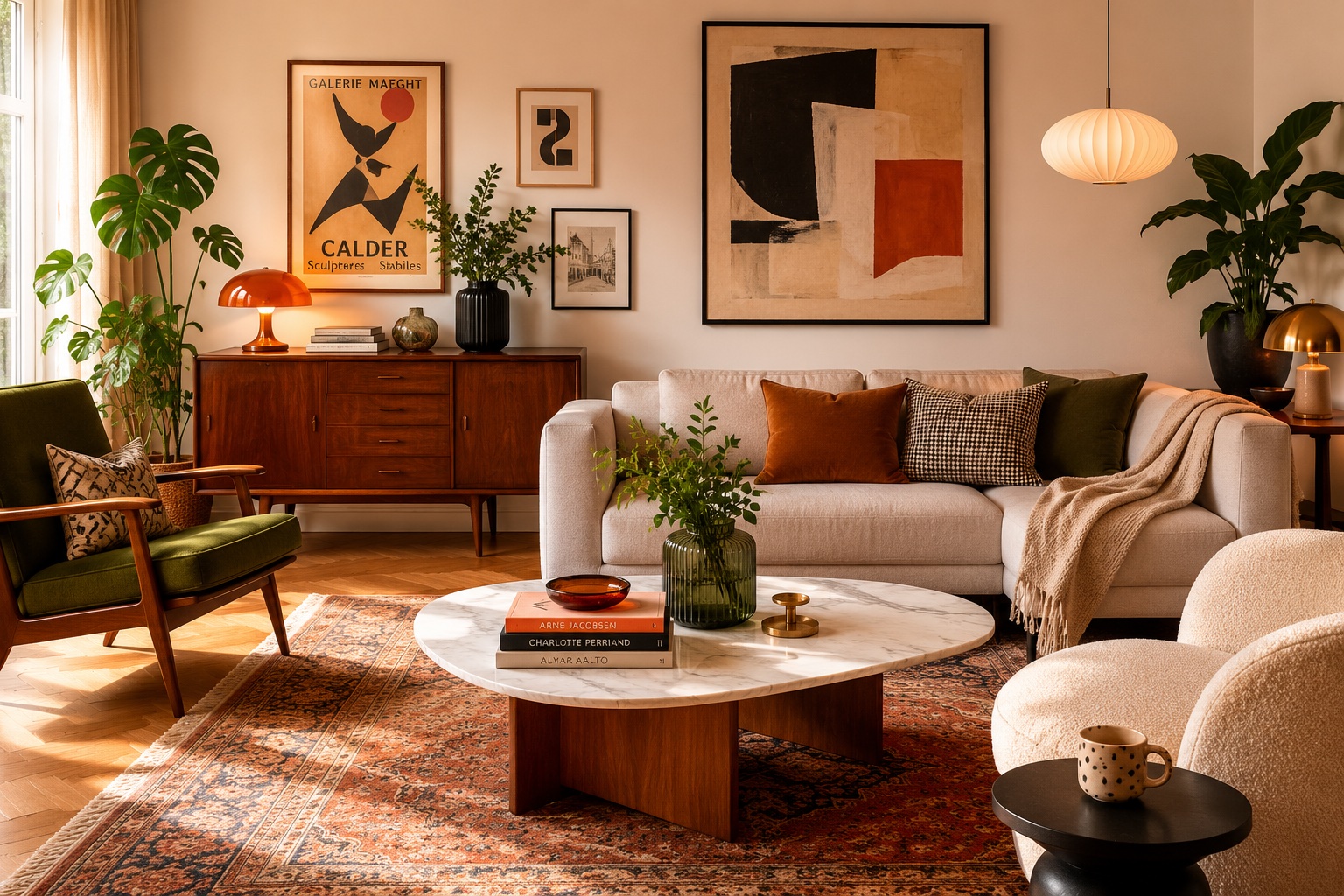 Soggiorno con mobili vintage e arredi moderni in equilibrio