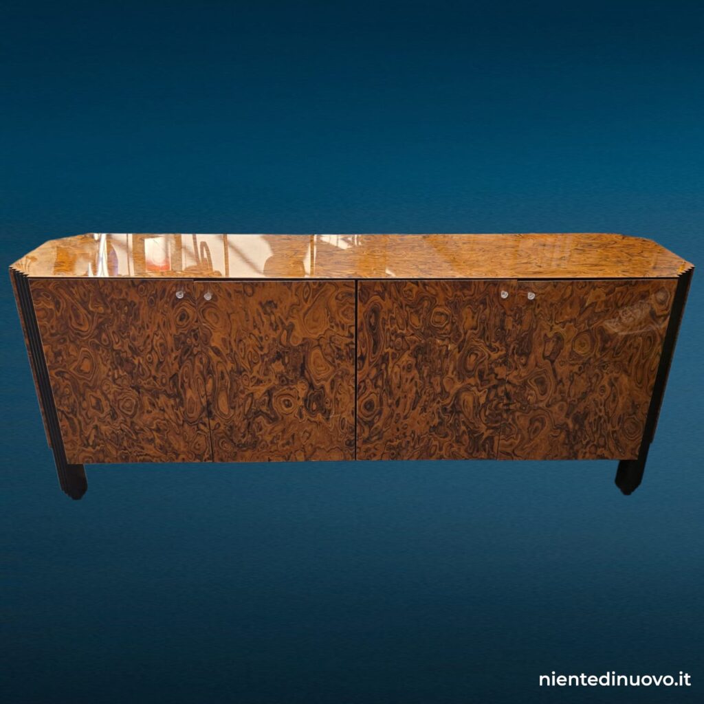 Credenza vintage in radica lucida con colonne laccate nere, anni '70-'80