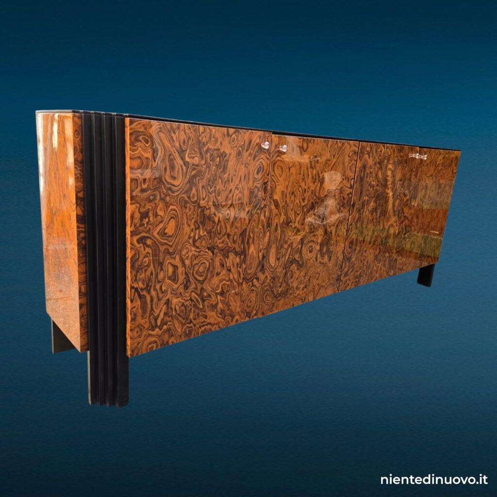 Credenza vintage in radica lucida con colonne laccate nere, anni '70-'80