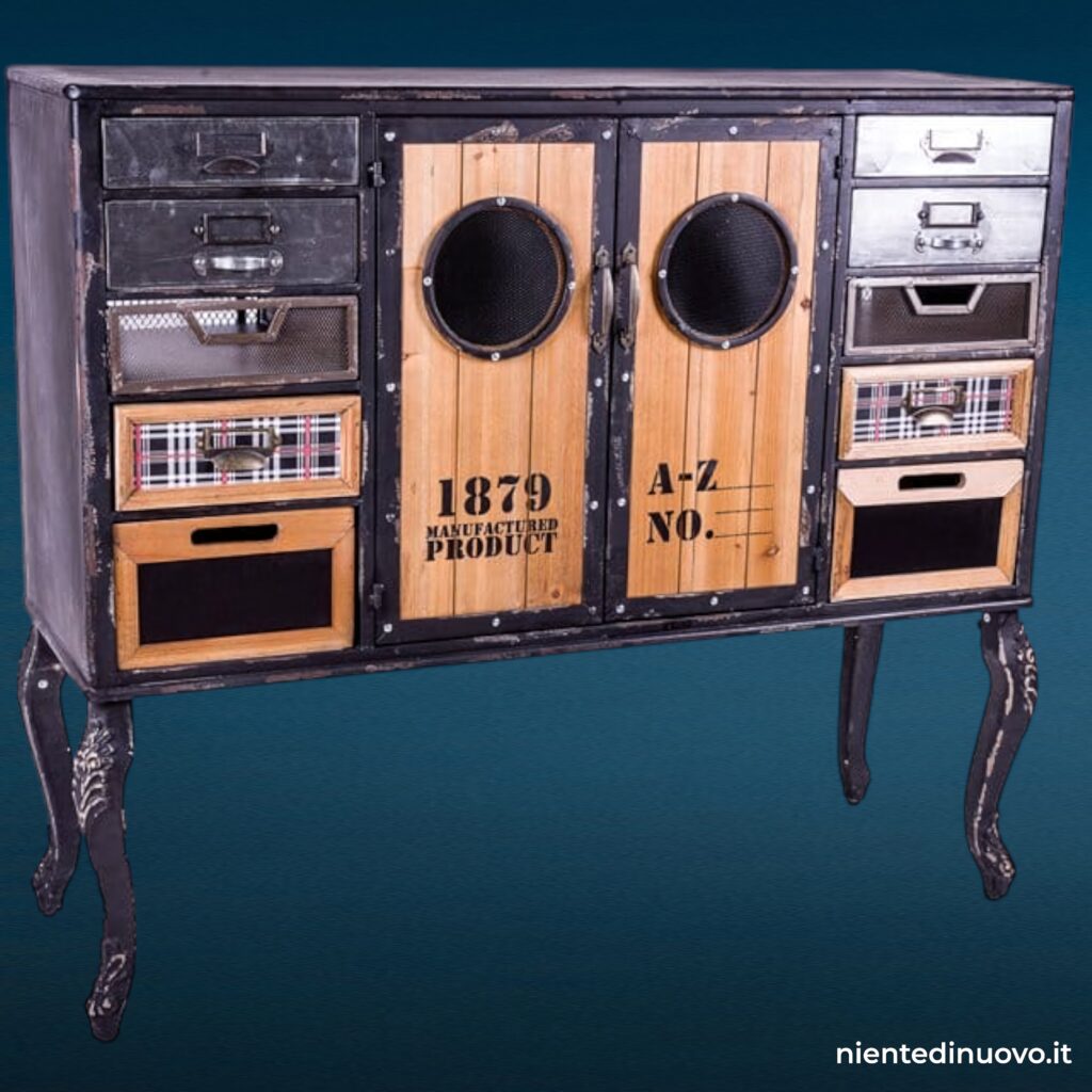 Credenza industrial style in metallo con ante e cassetti, stile vintage