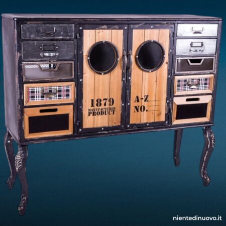 Credenza industrial style in metallo con ante e cassetti, stile vintage