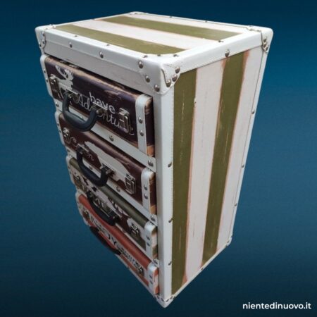 Cassettiera a 4 cassetti stile valigie in legno con similpelle e maniglie decorative
