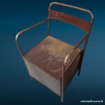 Vecchia comoda in ferro con contenitore e coperchio, sedia vintage con braccioli