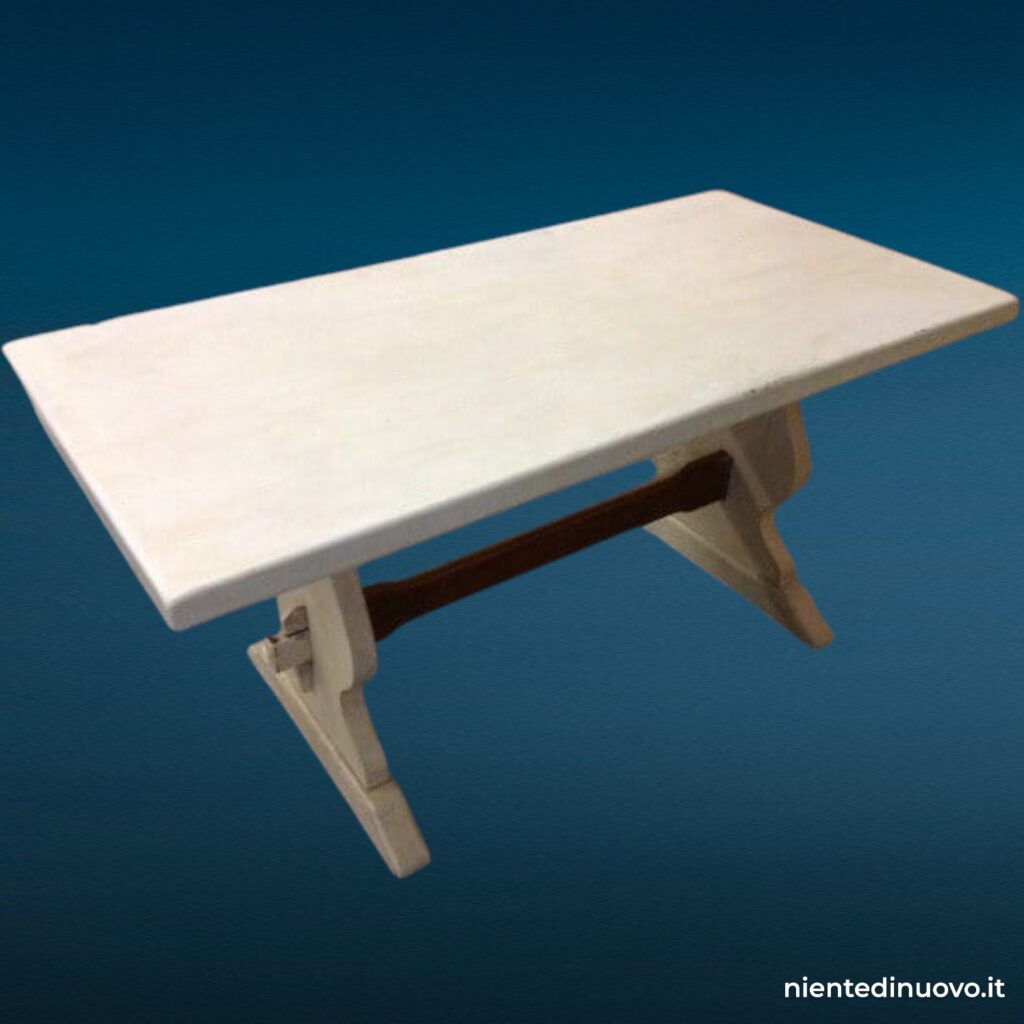 Tavolo fratino decapato bianco in legno di abete massello, stile rustico provenzale