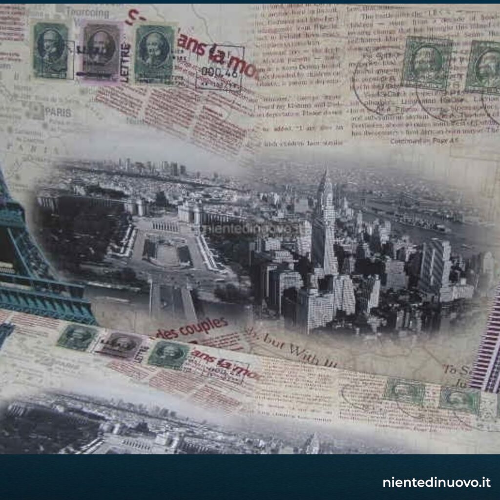 Divano a forma di libro con soggetto New York e Parigi