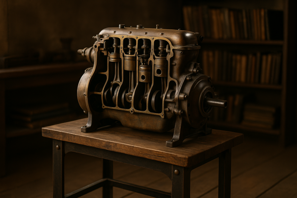 Motore sezionato vintage su cavalletto in laboratorio