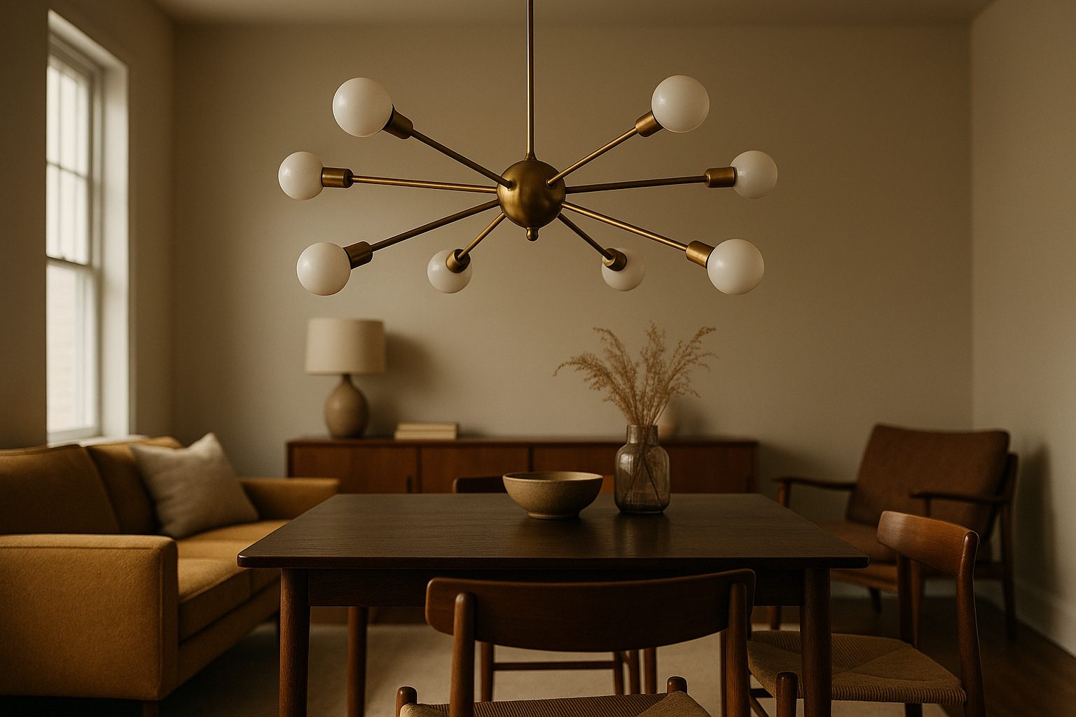 Soggiorno mid-century con lampadario in ottone a bracci sopra tavolo in legno