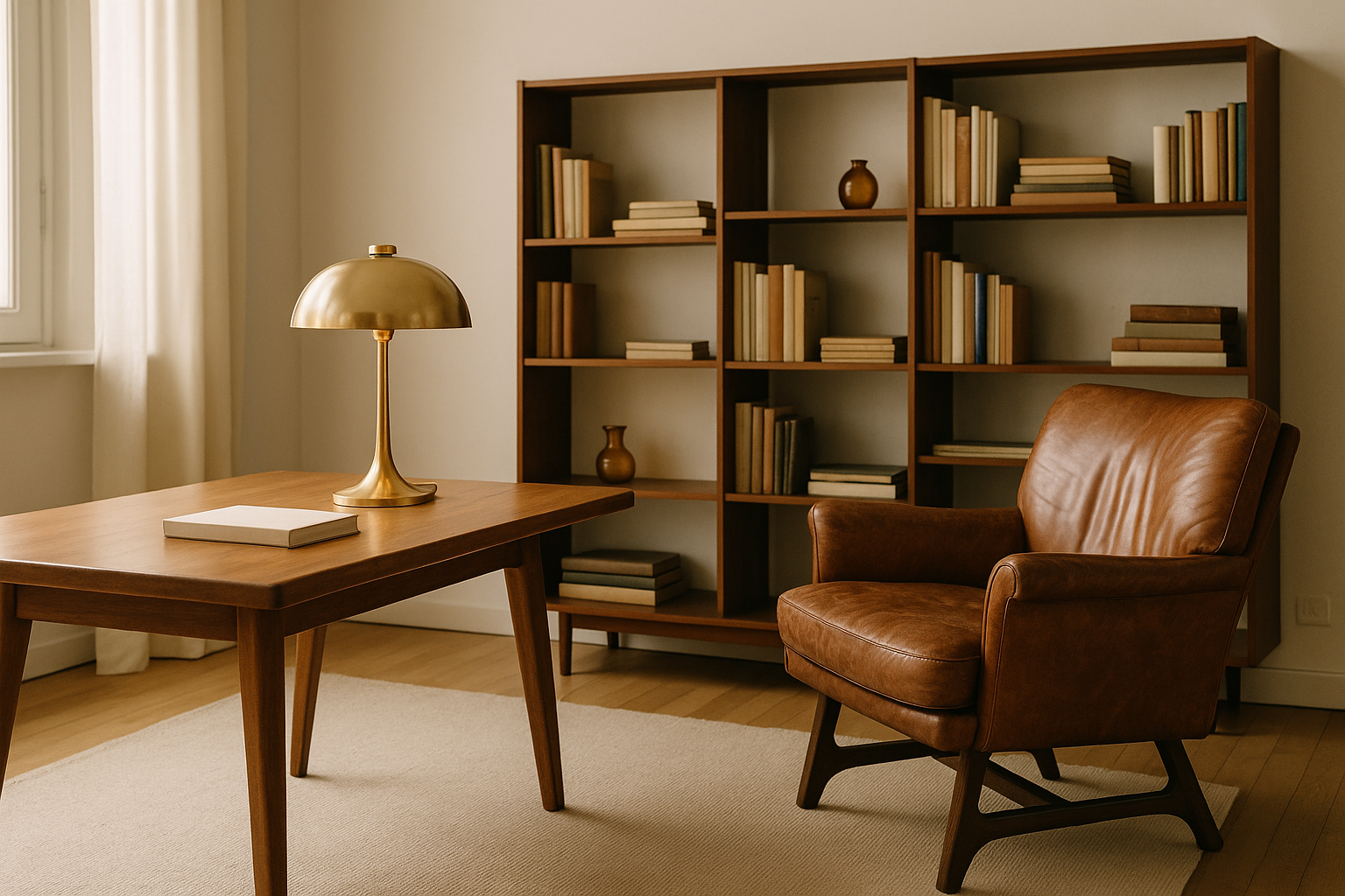 Interno con mobili modernariato italiano autentici: lampada in ottone e poltrona in pelle