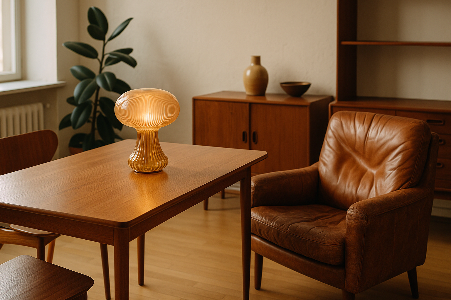 Interno con mobili in modernariato italiano, lampada in vetro e poltrona vintage
