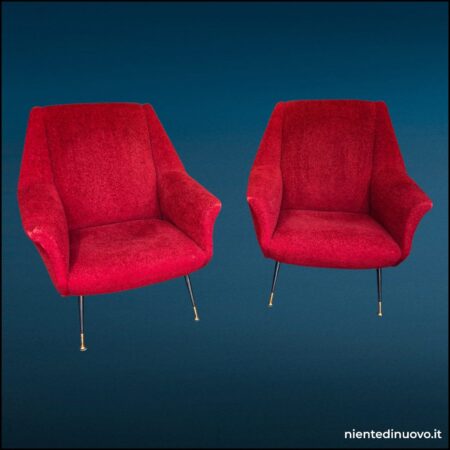 Poltrona anni '60 tessuto rosso gambe nere puntali dorati - immagine aggiuntiva 12