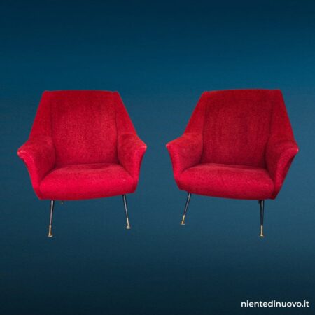 Poltrona anni '60 tessuto rosso gambe nere puntali dorati - immagine aggiuntiva 2