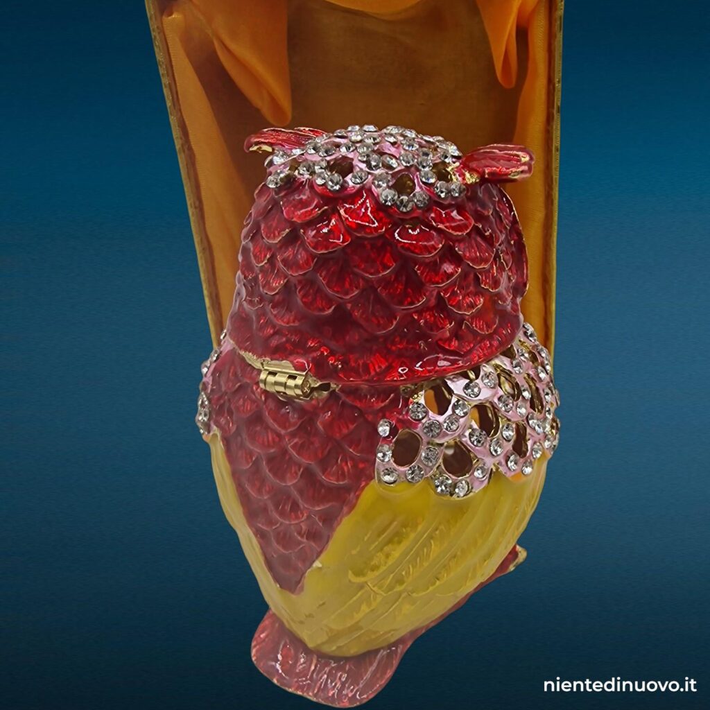 gufetto portagioie in metallo rosso e bianco con scatola dorata - immagine aggiuntiva 3