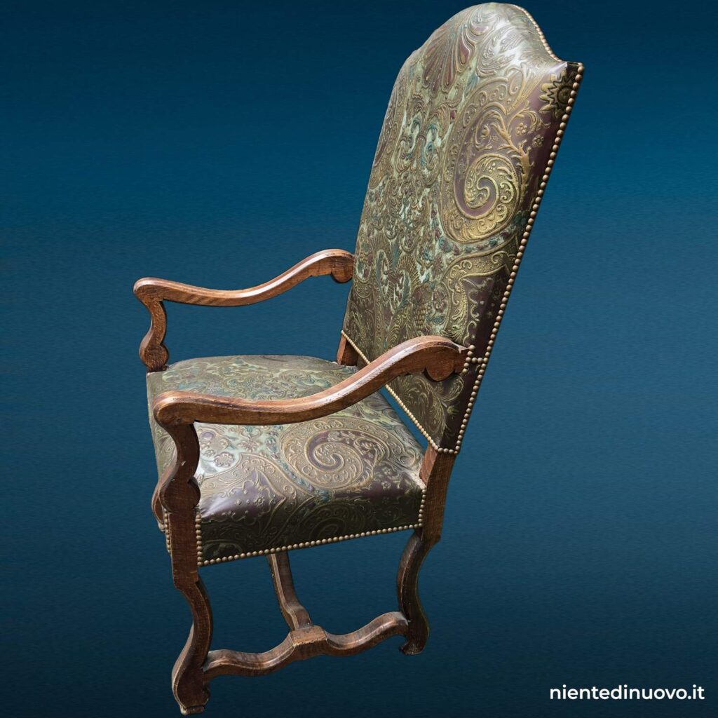 Poltrona stile Luigi XIII schienale alto in pelle goffrata - immagine aggiuntiva 3